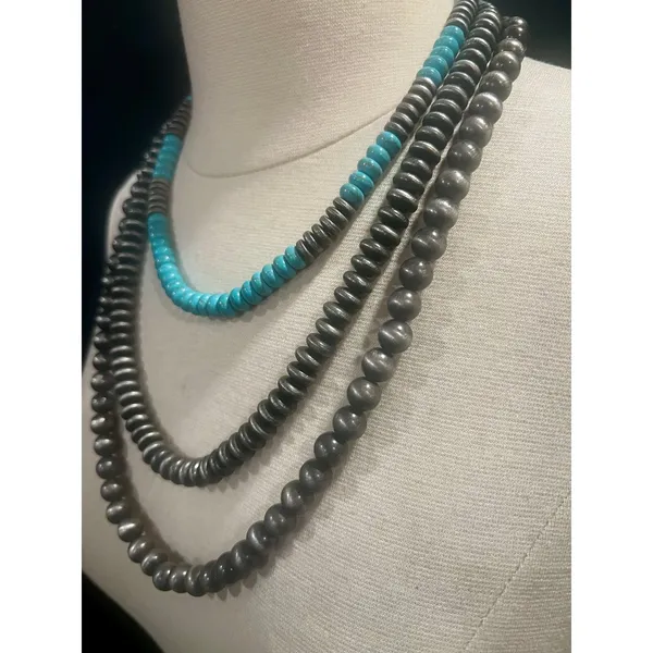 Artisan Turquoise & Gunmetal Triple Strand Beaded Necklace Southwestern Statement - Image 4