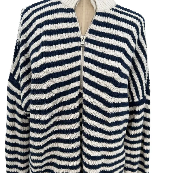 Madewell Ribbed Half-Zip Sweater in Stripe Ivory White Navy Blue‎ Size XXL - Image 6