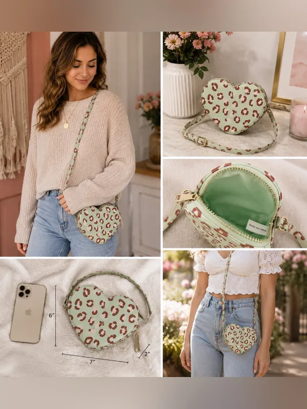 Heart Shaped Leopard Print Crossbody Bag Mint Green Pink Animal Print Purse - Image 2