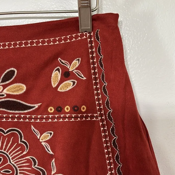 Miami Boho Embroidered Rust Red Faux Suede Mini Skirt Size M - Image 2