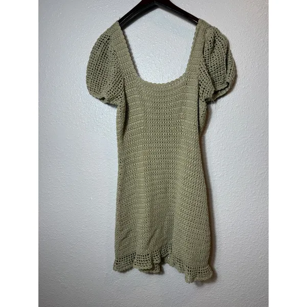 Source Unknown Sage Green Crochet Mini Dress Puff Sleeve Tie Front Boho Size S - Image 2