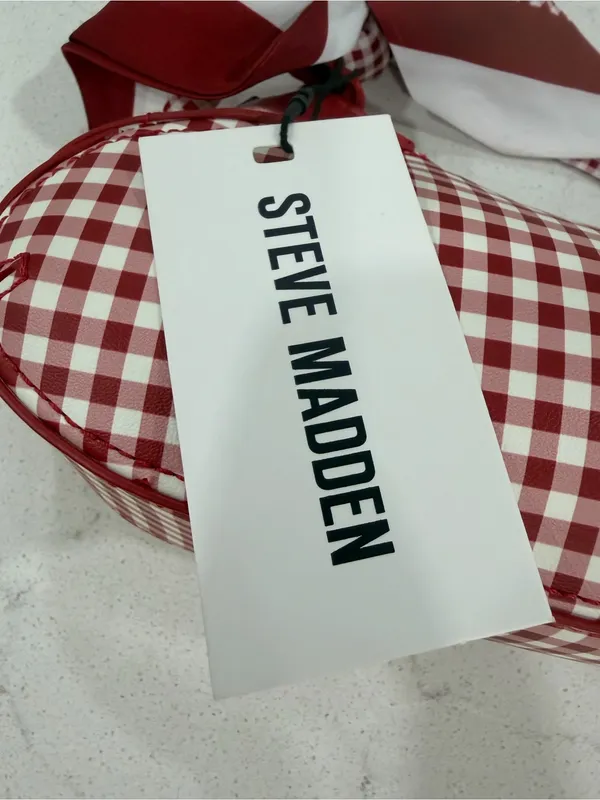 Steve Madden Red and White Gingham Shoulder Bag with Scarf Accent - Image 3