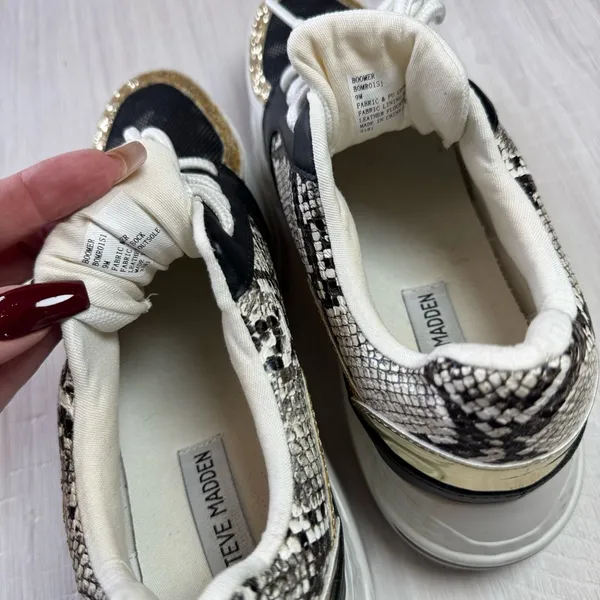 Steve Madden Cliff Barra Fashion Wedge Sneakers Black Gold Multi Lace Sequin - Image 5
