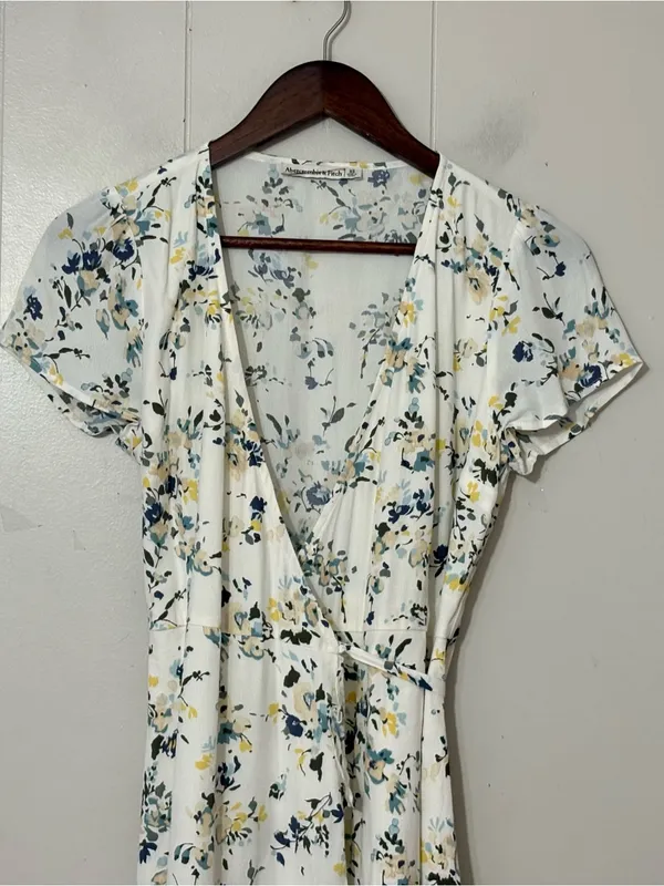 Abercrombie & Fitch Floral Faux Wrap Mini Dress XS White Blue Cottagecore - Image 3