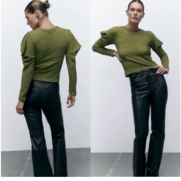 NWT Zara Green Textured puff sleeve Long Sleeve Top - Image 5