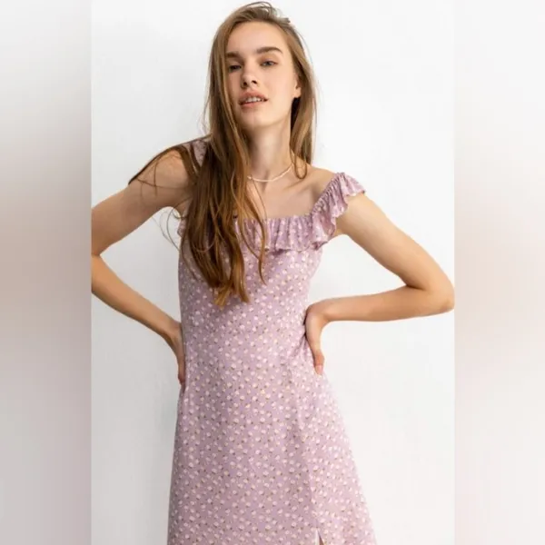 J.ING Lavender Floral Midi Dress Ruffle Sleeve Side Slit Size XS NWT - Image 3