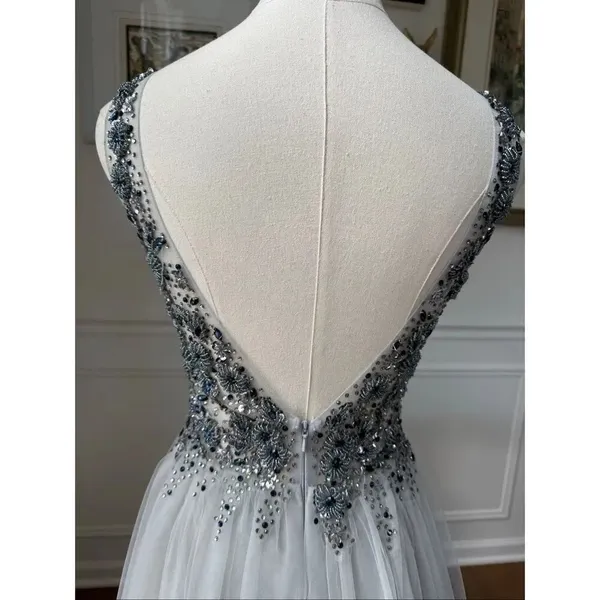 Dave & Johnny Grey Navy Blue Beaded Prom Dress Formal Ball Gown $438 0 - Image 7