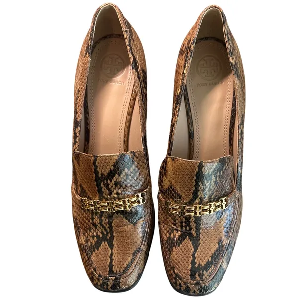 Tory Burch Jessa Snake Embossed Leather Loafer Pumps Block Heel 9.5M - Image 2