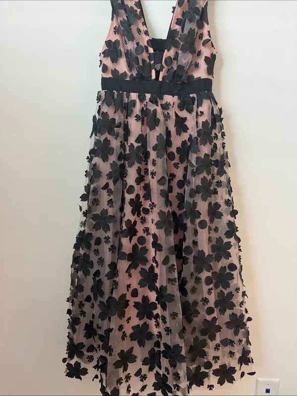 Anthropologie 3D Black Floral Printed Tulle Dress Size: 4 - Image 6