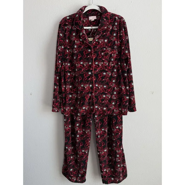 Cabernet‎ Red Long Sleeve Notch Collar Paisley Print Fleece Pajama Set Women's L - Image 11