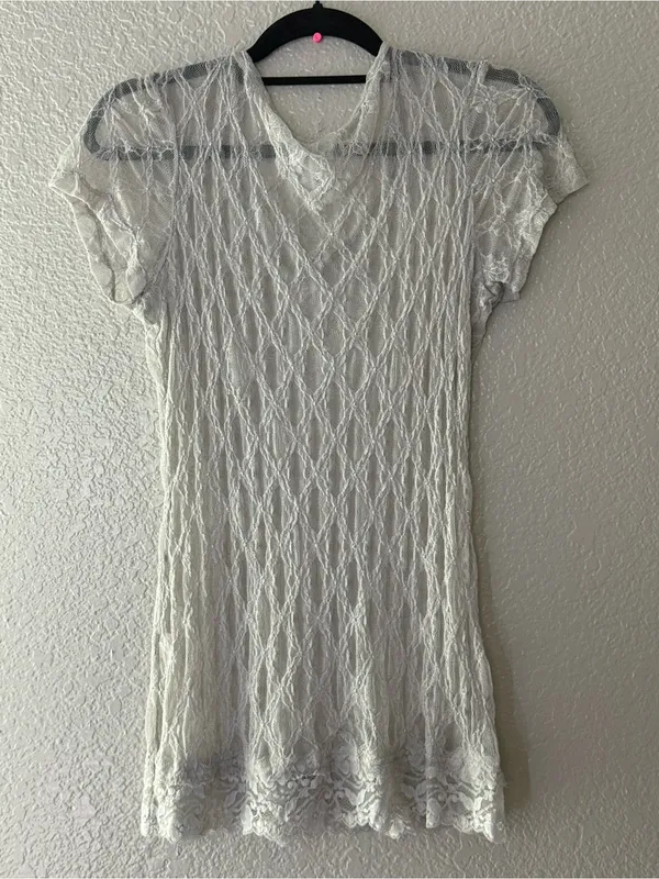 Buckle Vintage Y2K Gray Shimmer Sheer Lace Top Fairycore Whimsigoth Large - Image 8