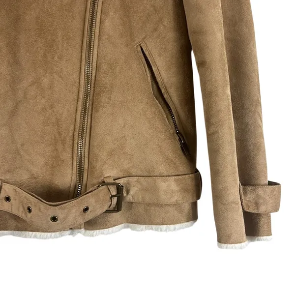 Forever 21 Womens Faux Suede Aviator Jacket Brown Belted Moto Vegan Biker Size M - Image 4