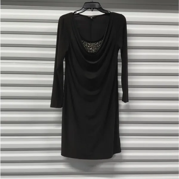 Marina Dress Womens 10 Black Silver Beaded Jersey Long Sleeve Wedding Party - Image 3