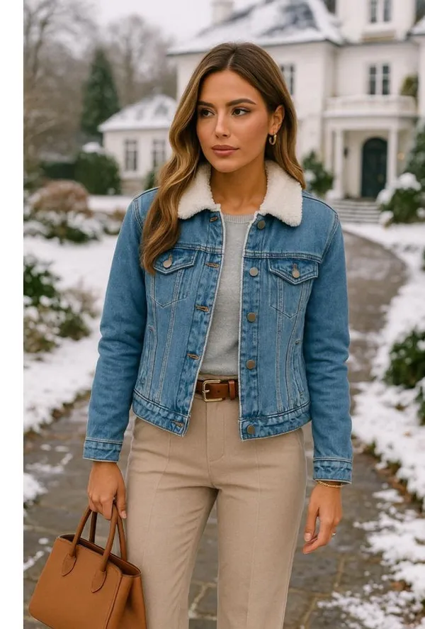 Joujou Sherpa Lined Denim Jacket Blue Jean Vintage Streetwear Winter Autumn Boho - Image 2