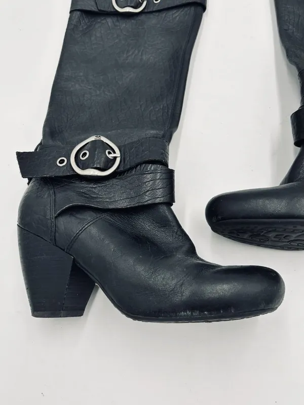 Lucky Brand Black Leather Candie Knee High Boots 6.5M Block Heel Double Buckle - Image 5
