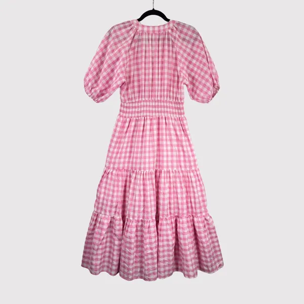 Entro Midi Dress Pink Tiered Gingham V Neck Puff Sleeve Smocked A Line Medium - Image 2