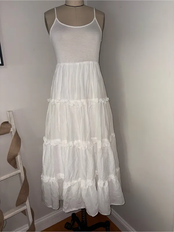 Anthropologie White Tiered Cotton Cottagecore Midi Dress Size Small - Image 6