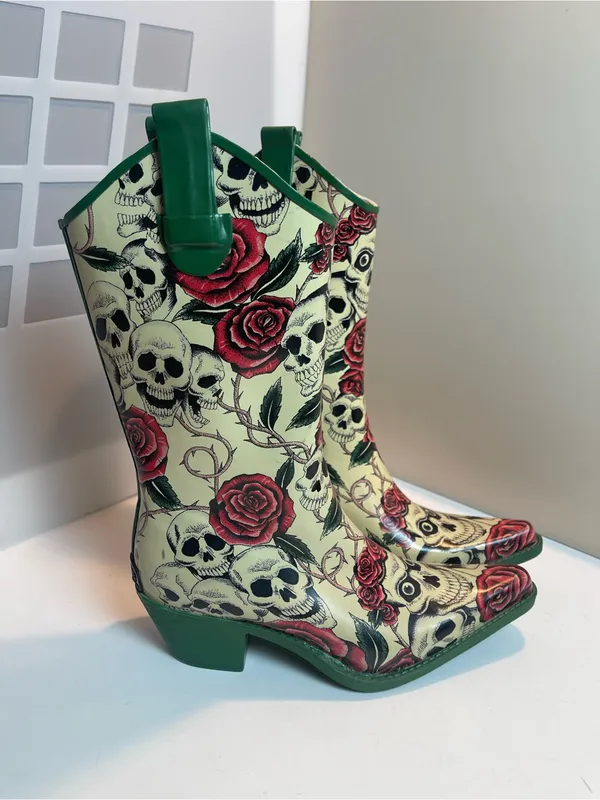 Corkys Edgy Skull Rose Western Cowboy Rain Boots Alternative Grunge Block Heel 8 - Image 10