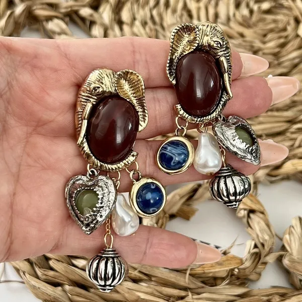 Elephant Gold Dangle Charms earrings Gems Heart Bohemian Womens Jewelry - Image 3