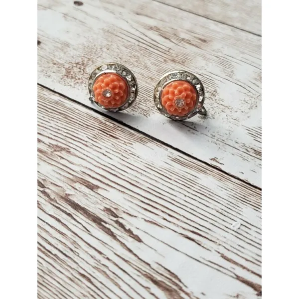 Vintage Screw On Earrings - Orange with Clear Gem 5/8" Retro - Image 4