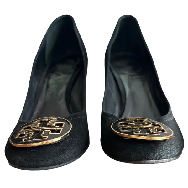 Tory Burch Maddie Suede Pumps Black Gold Logo Block Heel Size 9 - Image 3