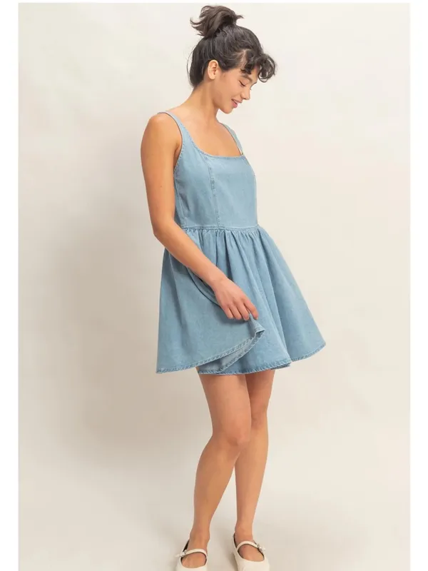 NEW Double Zero Scoop Neck Denim Mini Dress Large 100% Cotton Size L - Image 3