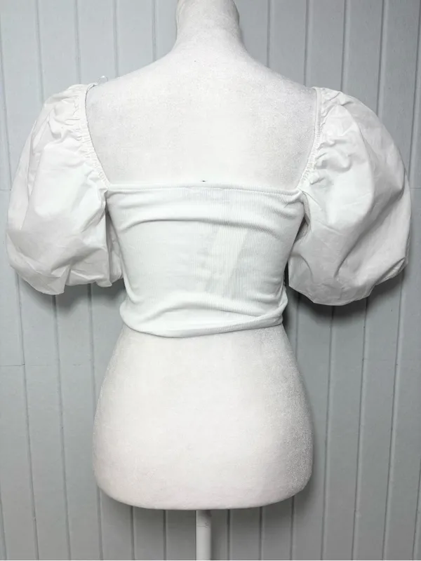 Zara White Puff Sleeve‎ Square-Neck Crop Top Size M - Image 4