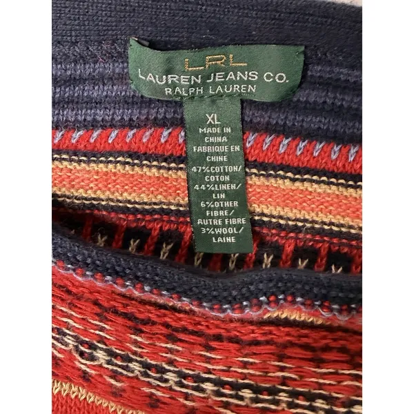 LRL Ralph Lauren Linen Wool Blend Sweater Top XL Aztec Serape Boho Indie Vintag - Image 5