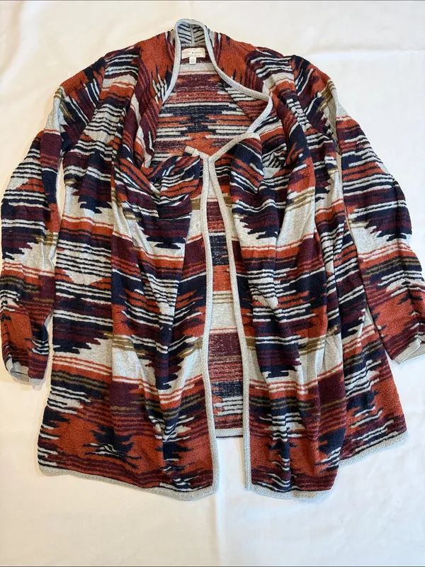LUCKY BRAND Open-Front Striped Cardigan in Rust Burgundy Navy & Cream Size Large - Image 4