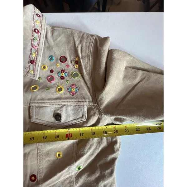 Chico’s 1 Medium Tan Suede Leather Jacket Embroidered Bling Jean Vtg cottage - Image 10