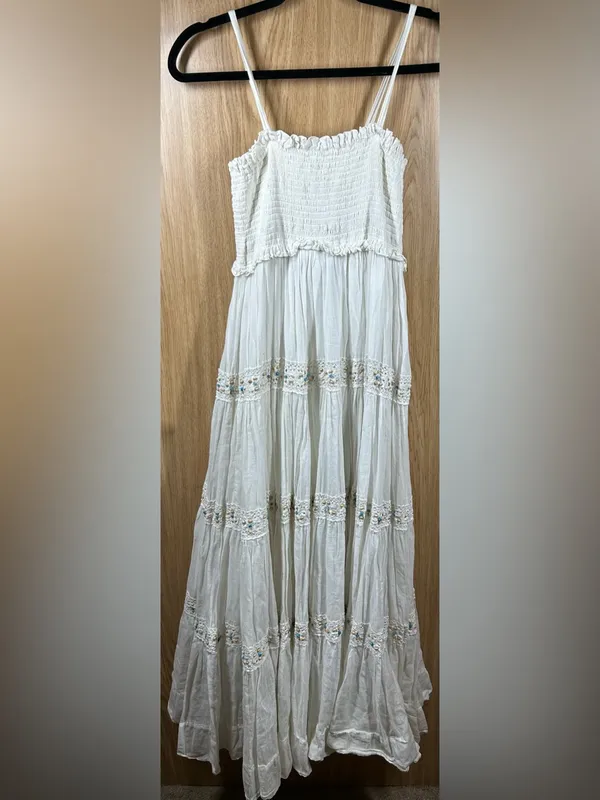 Source Unknown Bohemian Size S Smocked Bodice Lace W/Bead Embellishment Layered Maxi Dress - Image 2