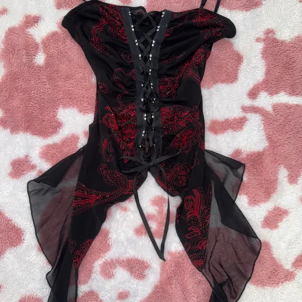 🔥 Y2K Gothic Fairy Corset Top – Black & Red Paisley Lace-Up Camisole w/ Sheer Flowy Panels (Size S) 🖤 - Image 2