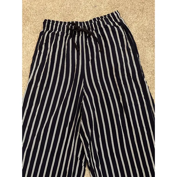 Uniqlo Navy White Striped Cropped Wide Leg Pants Drawstring Elastic Waist, M - Image 4