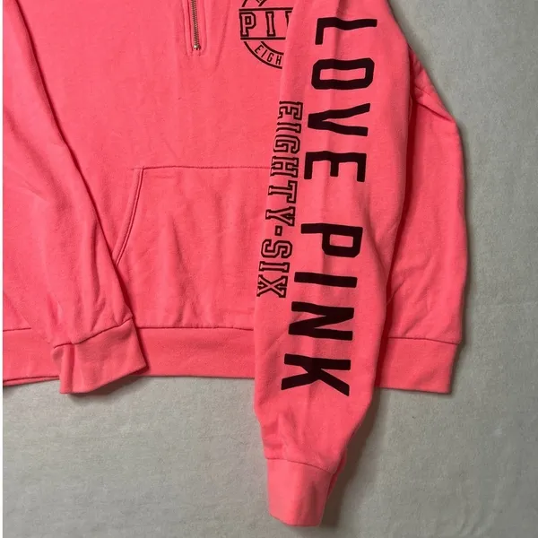 PINK Victoria's Secret Love Pink 1/4 Zip Sweatshirt Neon Logo Sleeve Large - Image 3