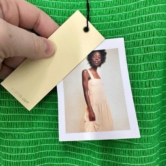 Nation LTD Bright Green Gabby Smocked‎ Midi 100% Pima Cotton Casual Tank Dress L - Image 6