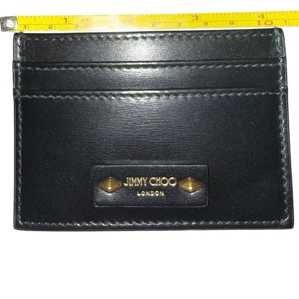 Jimmy Choo Umika Black Leather Card Holder Gold Diamond Studs Italy Designer - Image 7