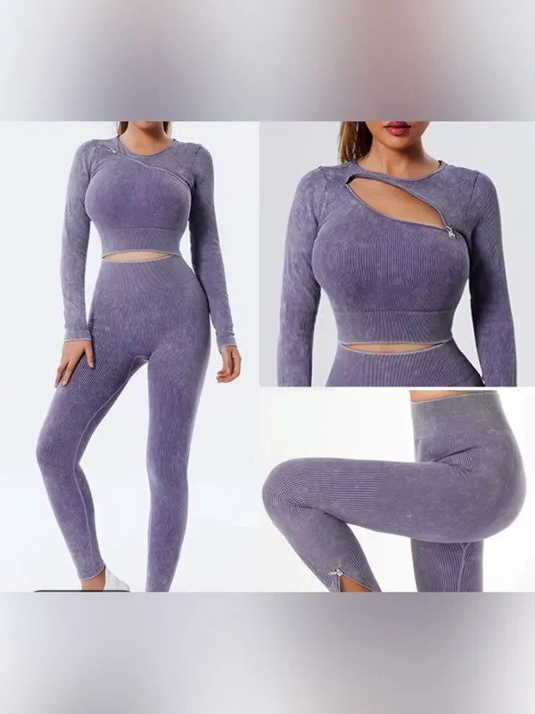 Seamless Cutout Ribbed Leggings Set - Purple - Image 2