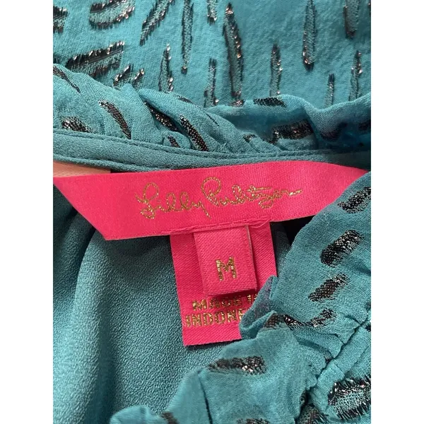 Lilly Pulitzer Silk Metallic Shimmer Blouse M Teal Long Sleeve Sheer Lined Top - Image 7
