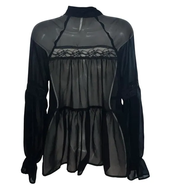 Free People Women Sheer Lace Detail Long Sleeve Tie Neck Blouse Top Black XS - Image 4