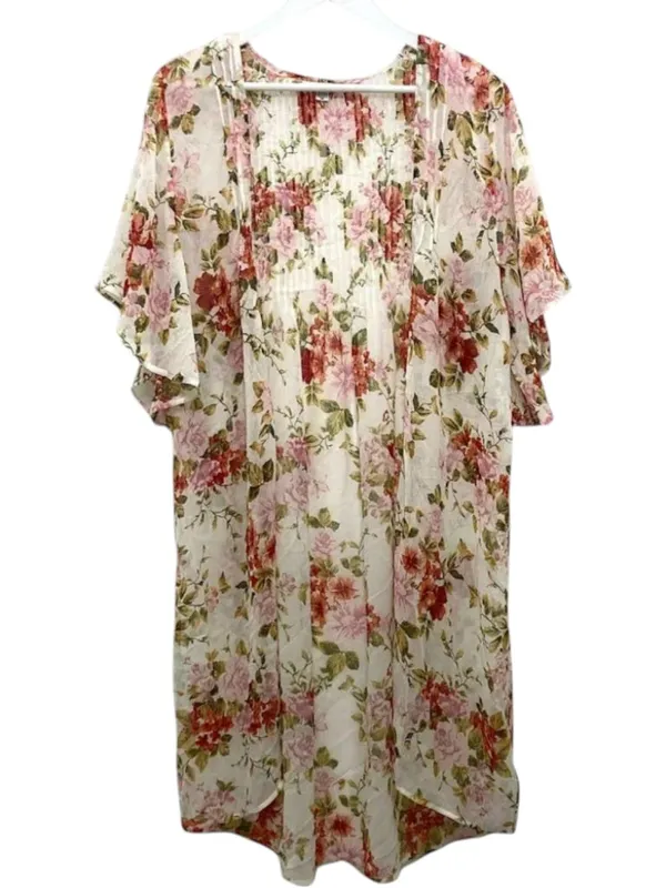 American Eagle Ivory Floral Kimono Duster M Boho Cottagecore Flutter Sleeve - Image 3