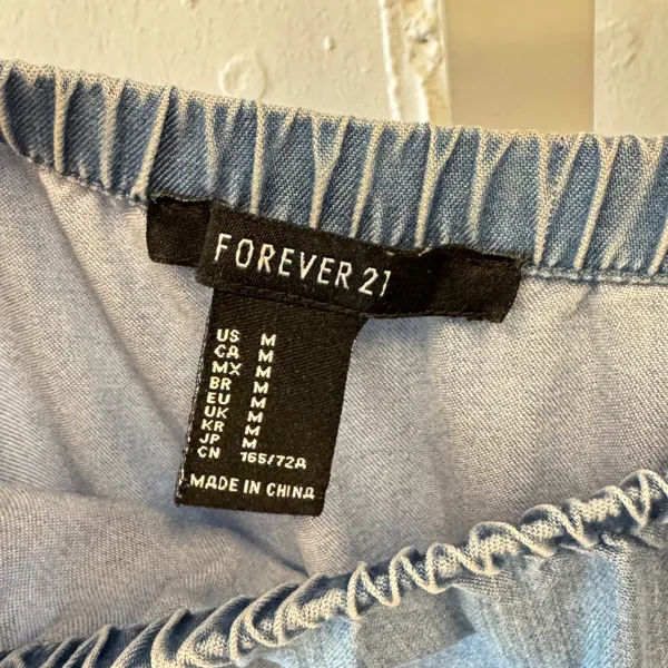 Forever 21 Strapless Lyocell Wide Leg Jumpsuit Medium Chambray‎ Belted Tube Blue - Image 6