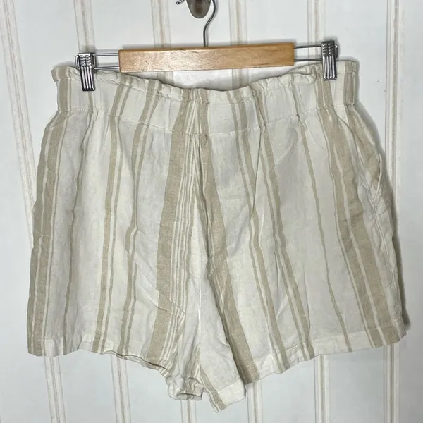 Madewell Linen Blend Striped Paperbag Waist Shorts White Beige Size L 696 - Image 6