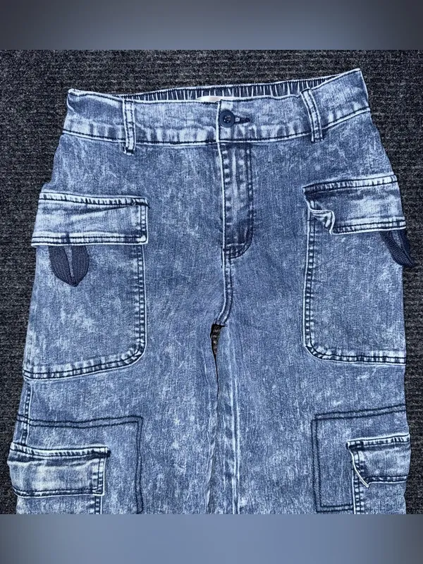 Madden Girl Cargo Skater Wide Leg Jeans Acid Wash Blue Denim Utility XS Grunge - Image 3