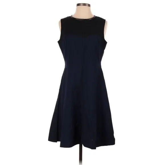 J. Crew Women's Size 6 Colorblock Dress Faux Leather Trim Navy Blue Black - Image 4