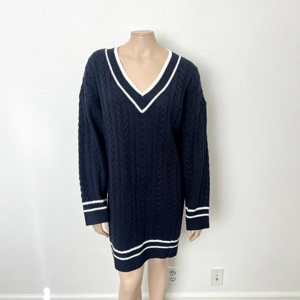 [VICI] Navy Blue White V-Neck Chunky Cable Knit Oversized Sweater Dress NWT XL - Image 2