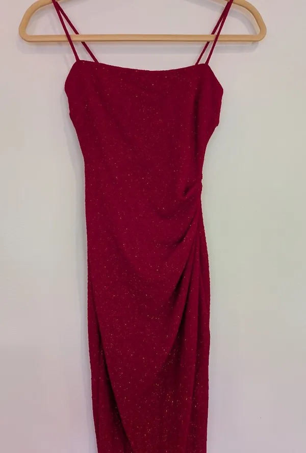 Red Glitter Ruched Strappy Bodycon long Dress Sleeveless Pullover Women XS - Image 5