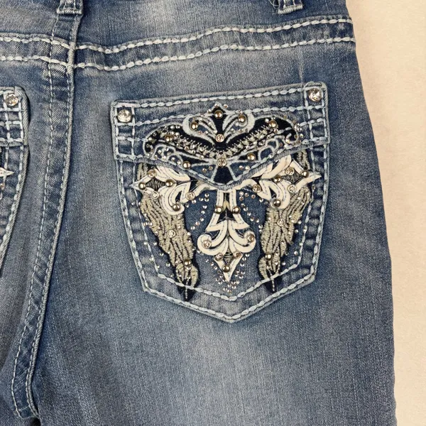 Sky Jeans Bootcut Women 7/8 Blue Embellished Wing Pocket Rhinestone Y2K McBling - Image 5