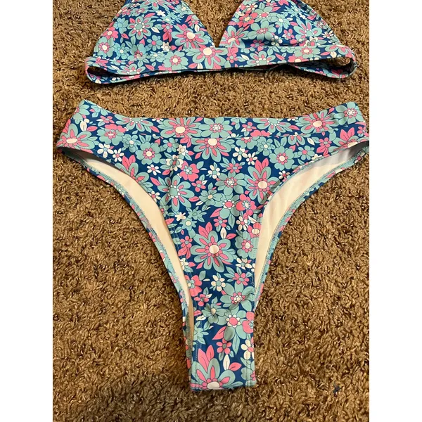 Tropical Floral Bikini‎ Set Blue Pink Girly Summer Resort Beachwear Size Large - Image 4