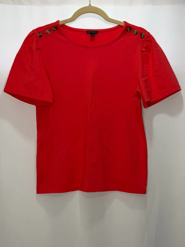 Ann Taylor Ponte Shoulder Button Top Short Sleeve Shirt in Hibiscus Size Medium - Image 2