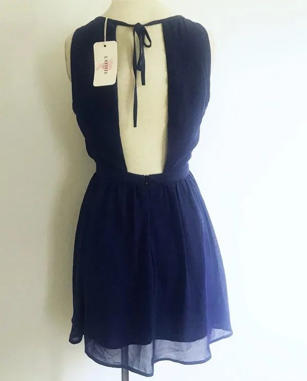 Pleated Cutout Open Back Formal Dress Blue - Image 3